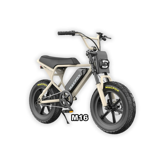 Macfox M16 eBike in desert beige color displayed in its box, product image