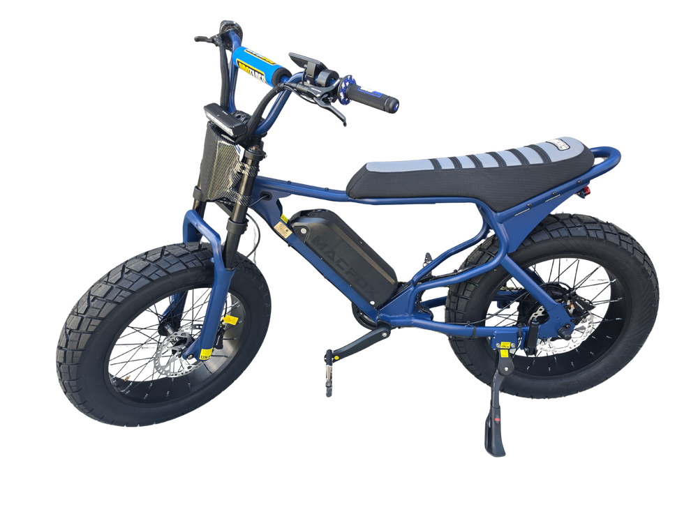 Macfox X7 custom eBike in Baja Blue, side view, parked on pavement