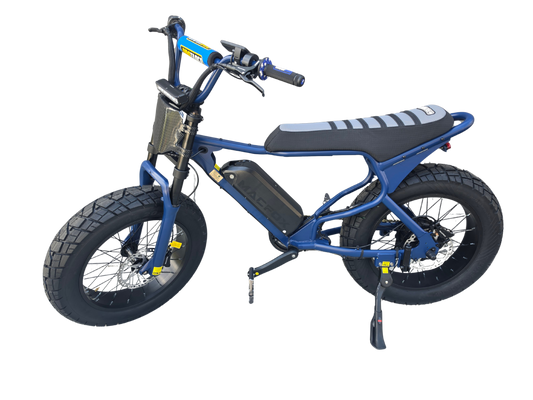 Macfox X7 custom eBike in Baja Blue, side view, parked on pavement