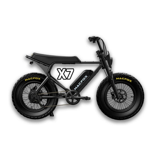 Black Macfox X7 eBike in box, product image, side view