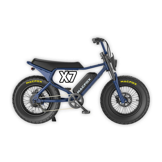 Navy blue Macfox X7 e-bike with single battery, shown in box, product image, model R2R Escondido, barcode 810206240526