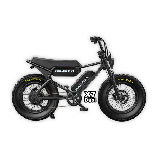 Macfox X7 eBike in box, dual black model, product image showing packaging and bike