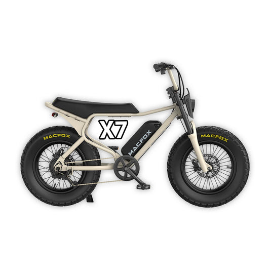 Macfox X7 eBike in Desert Beige color, side view, displayed on a plain background
