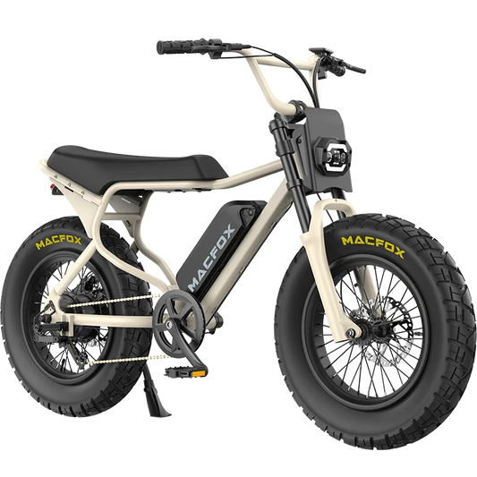 Desert beige Macfox X7 eBike with single battery, side view, displayed against a plain background