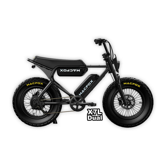 Black Macfox X7L e-bike with dual battery, shown in original box packaging, labeled with R2R Escondido and barcode 810206240601.