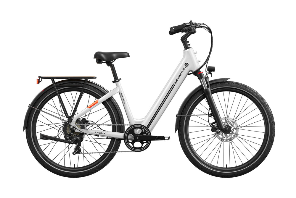 White Mokwheel Asphalt eBike side view, showcasing sleek frame design, black tires, and integrated battery on a plain background.
