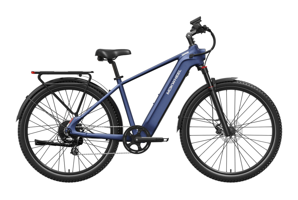 Mokwheel Tarmac eBike in Marine Blue, side view, showcasing frame design and tires