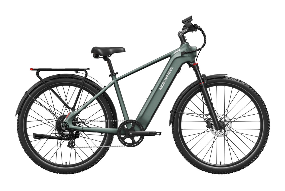 Mokwheel Tarmac eBike in Pine Green, side view, showcasing frame design and tires