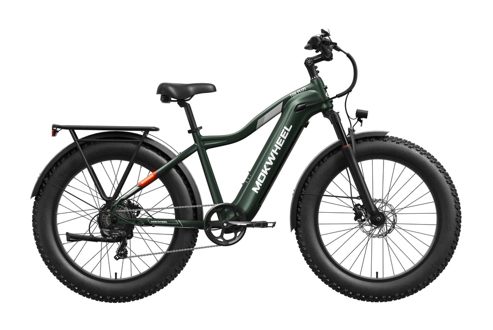 Green Mokwheel Tor Plus eBike side view, showcasing sturdy frame, thick tires, and integrated battery.