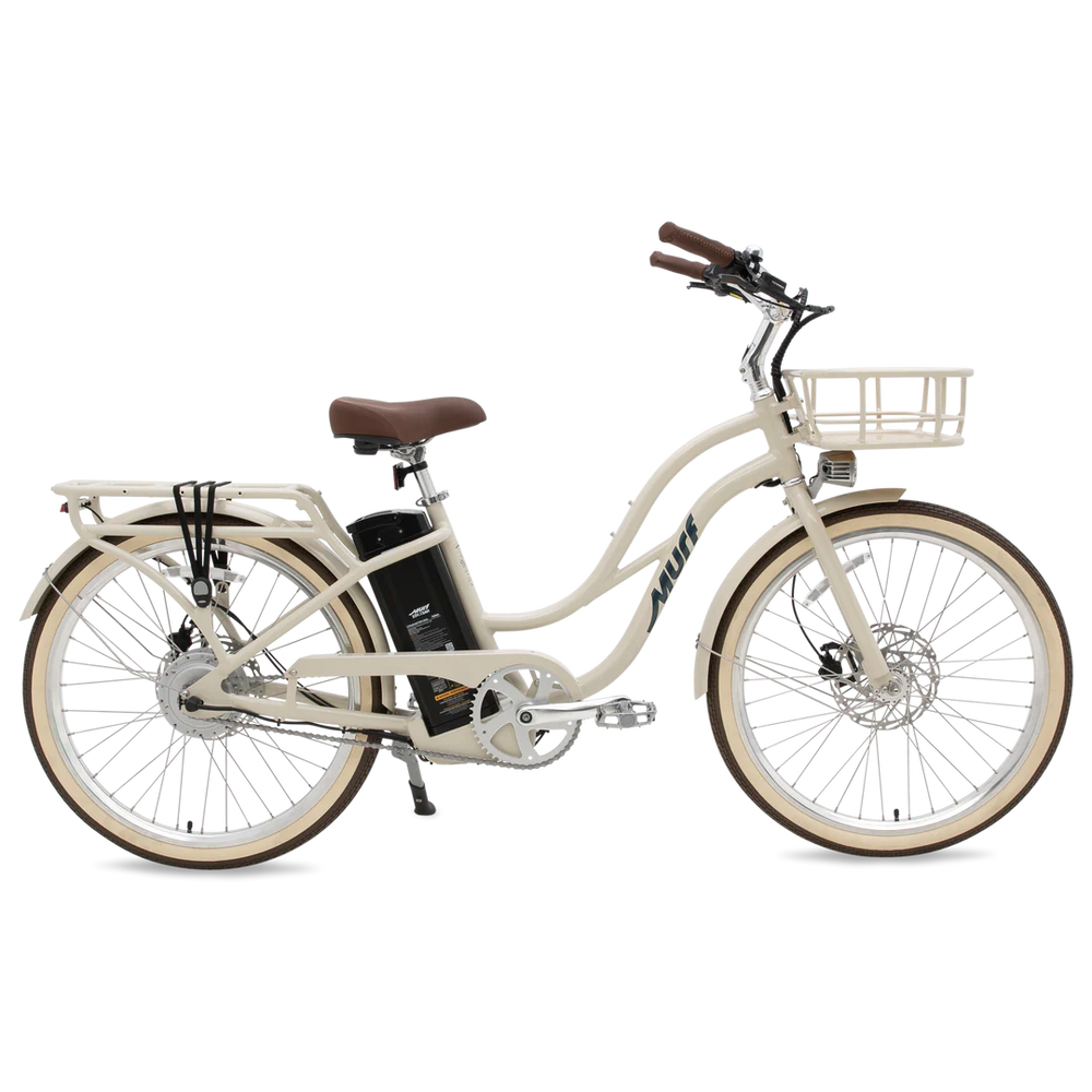 Side view of the Murf Gigi 2.0 eBike in Bone color, showcasing its step-through frame, wide tires, and minimalist design against a plain background.