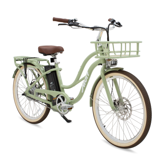 Sage green Murf Gigi 2.0 electric bike side view, featuring step-through frame, wide tires, and rear rack.