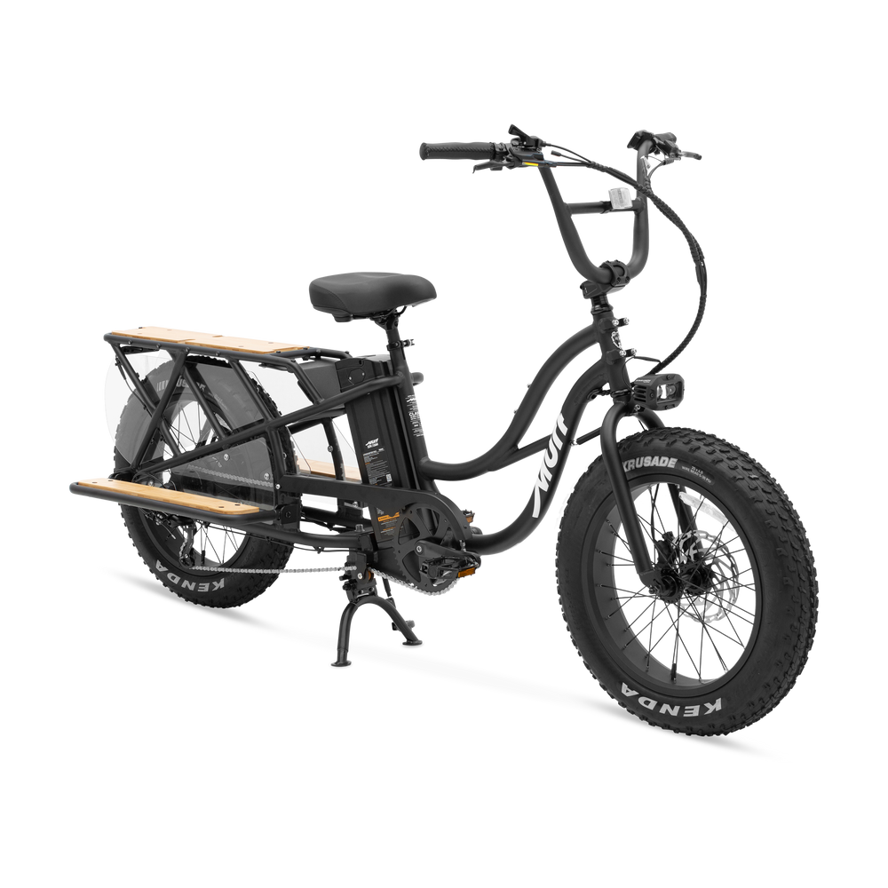 Obsidian Black Murf Higgs Cargo eBike side view with cargo rack, photographed against a plain background