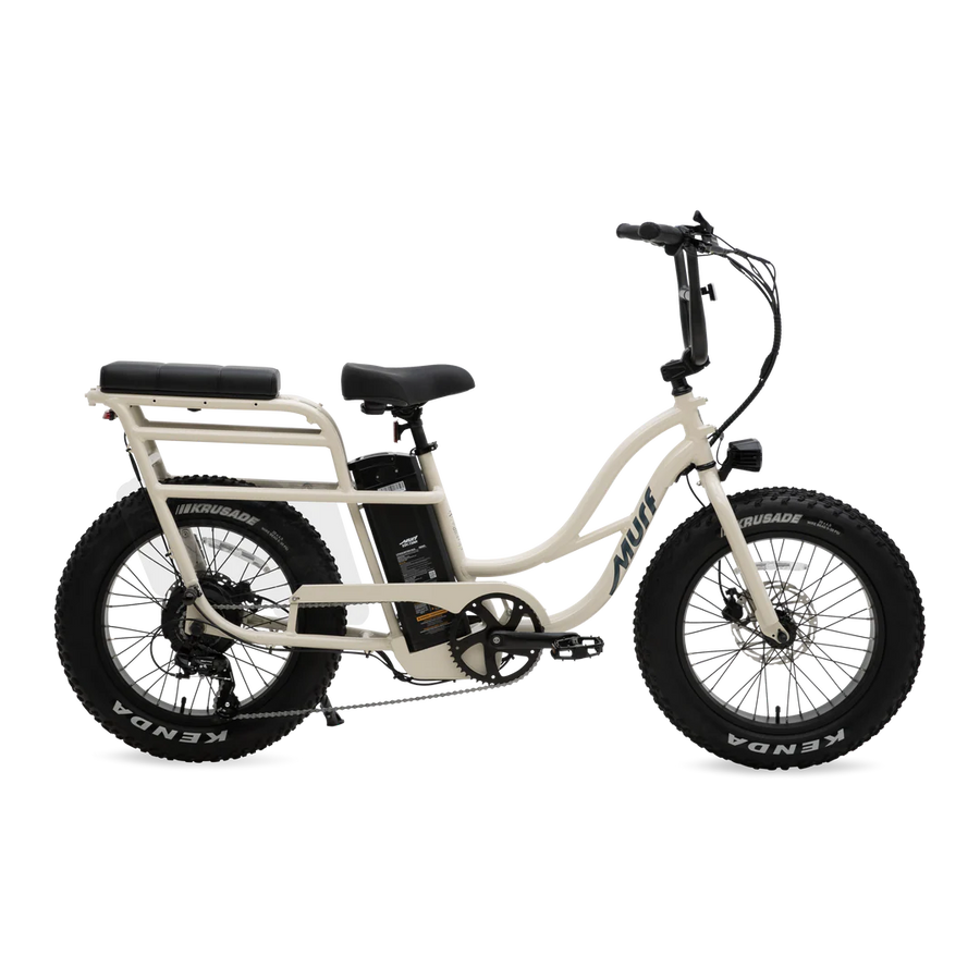 Side view of the Murf Higgs Plus eBike in Bone color, showcasing its sturdy frame, wide tires, and rear cargo rack.