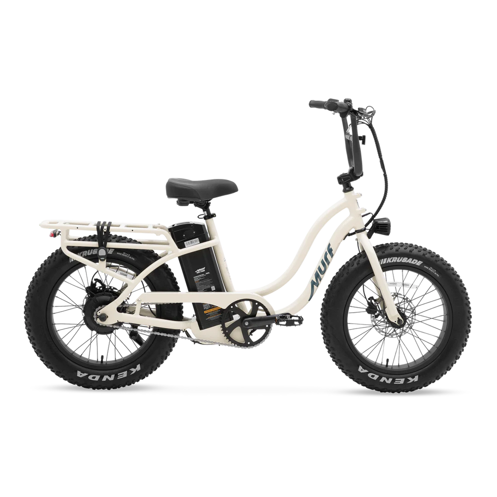 Side view of a Murf Higgs ST eBike in Bone color, showcasing its step-through frame, wide tires, and minimalist design against a plain background.