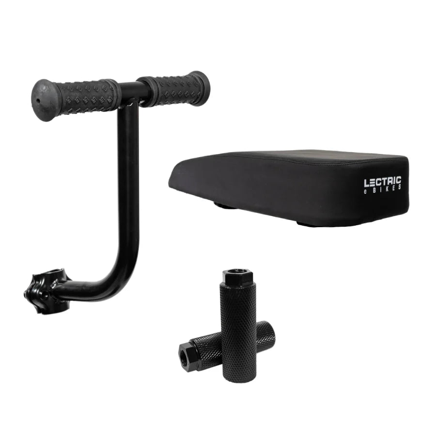 A black eBike equipped with the Lectric Buddy Seat passenger seat attachment, shown from a side angle.