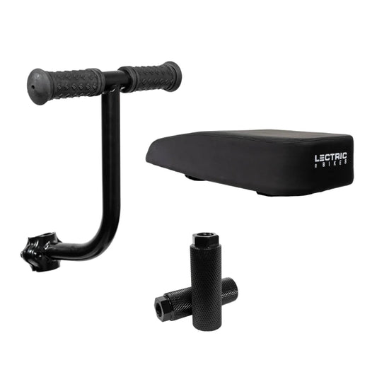 A black eBike equipped with the Lectric Buddy Seat passenger seat attachment, shown from a side angle.