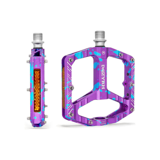 Camouflage purple alloy eBike pedals with a textured surface, shown in a product image on a purple background.
