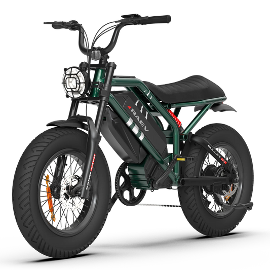 Metallic green Raev Bullet GT V2 electric bike, side view, against a plain background