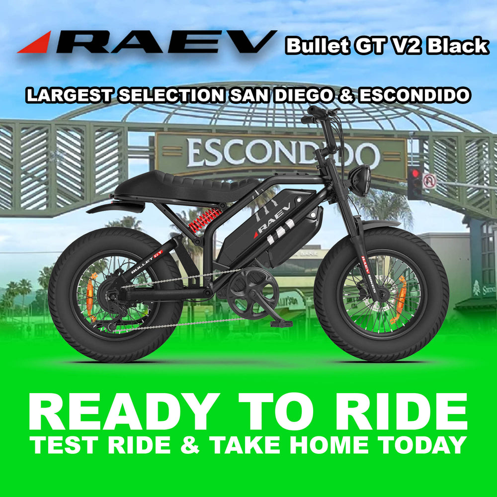 RAEV Bullet GT V2 electric bike in metallic black, side view, photographed outdoors in Escondido