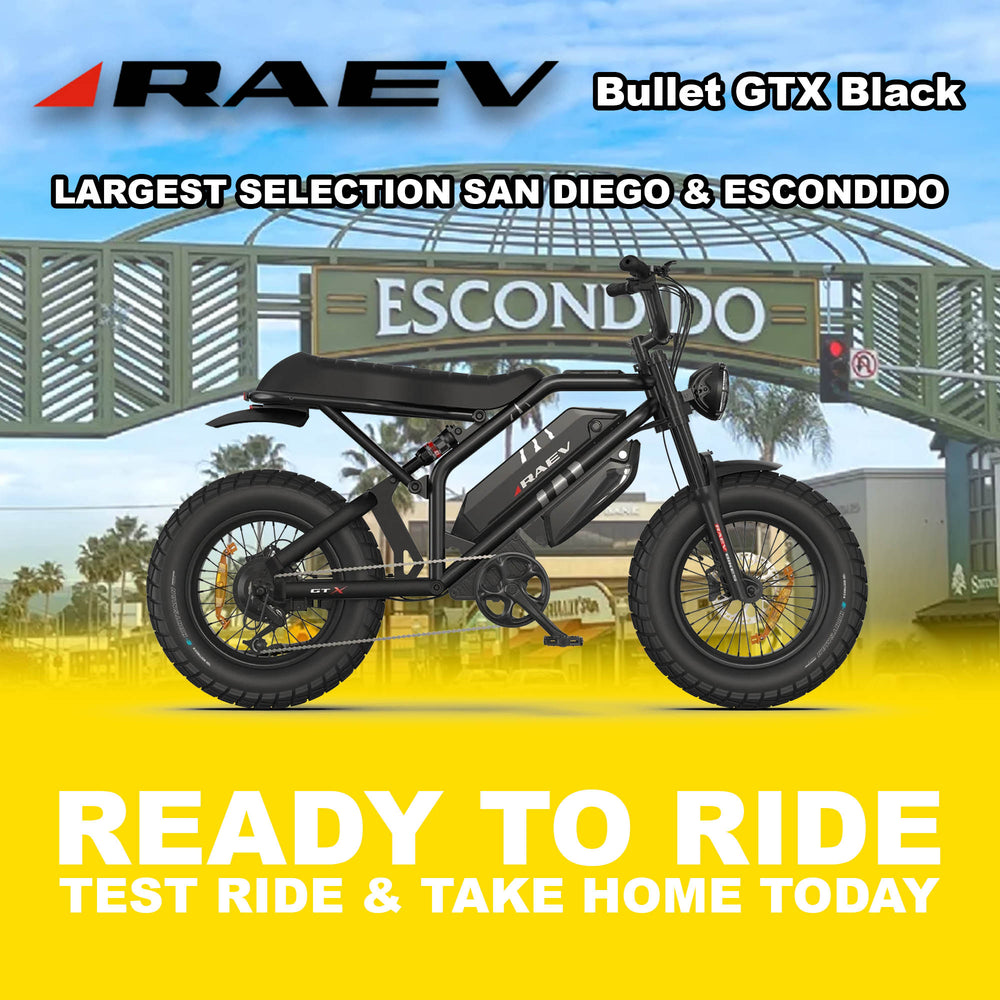 RAEV Bullet GTX electric bike in metallic black, side view, photographed outdoors in Escondido, showing sleek frame and modern design