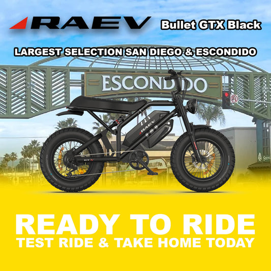 Raev Bullet GTX electric bike in metallic black, side view, photographed outdoors in Escondido
