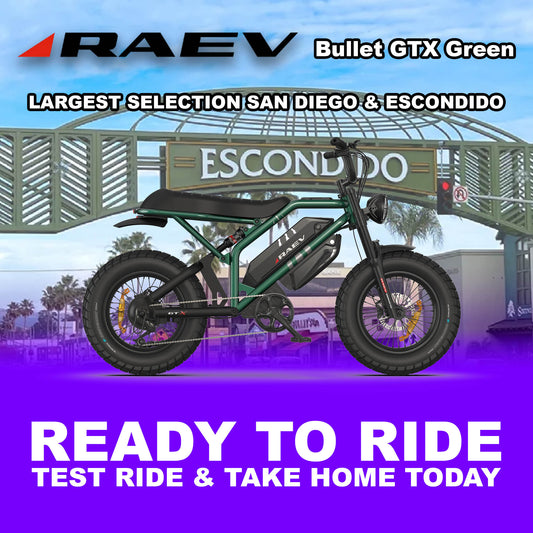 Metallic green Raev Bullet GTX eBike parked outdoors, side view, with R2R Escondido branding visible.