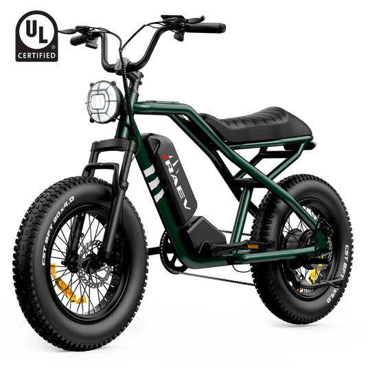 Metallic green Raev Bullet eBike side view against a white background