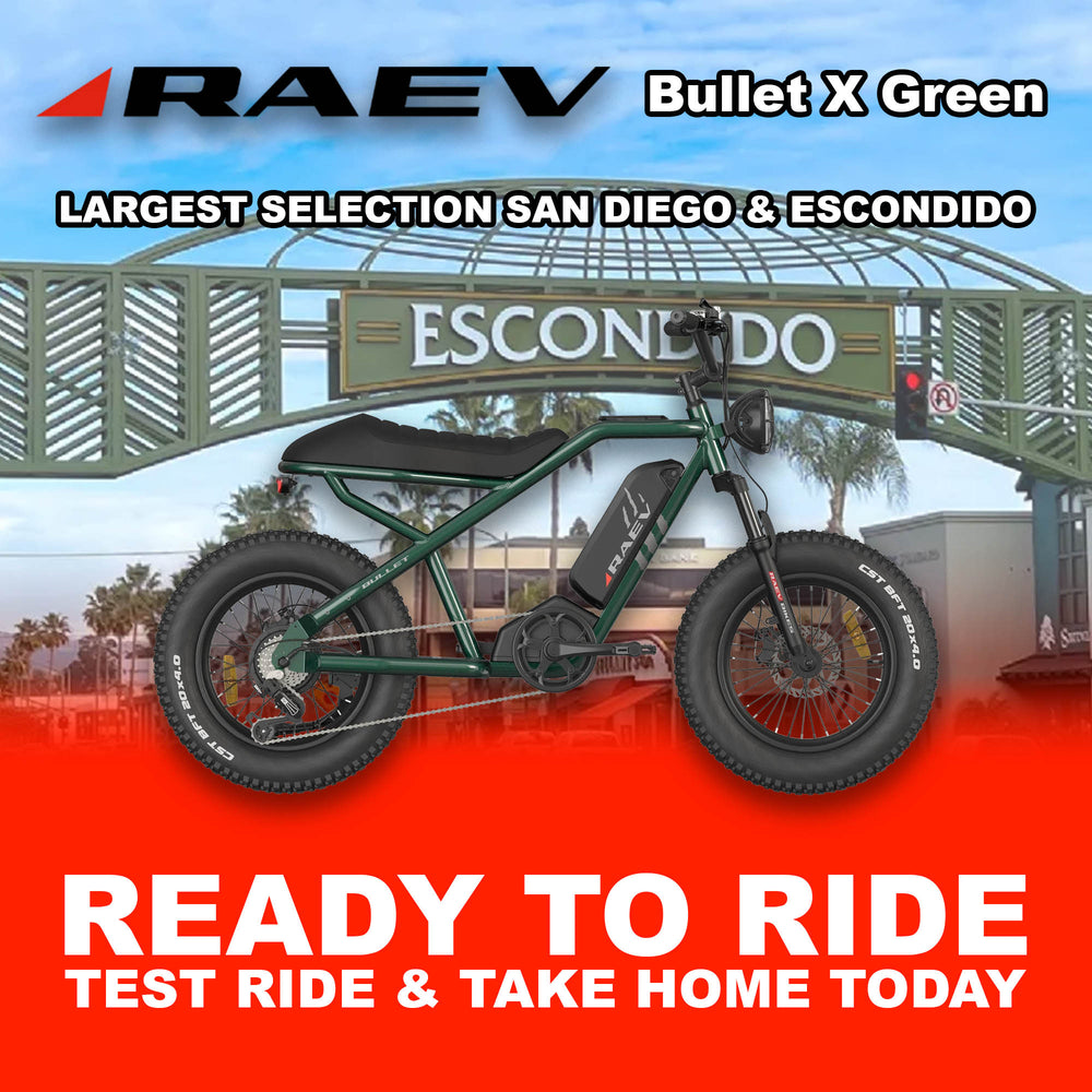 Metallic green Raev Bullet X e-bike parked outdoors, side view, with R2R Escondido branding visible.