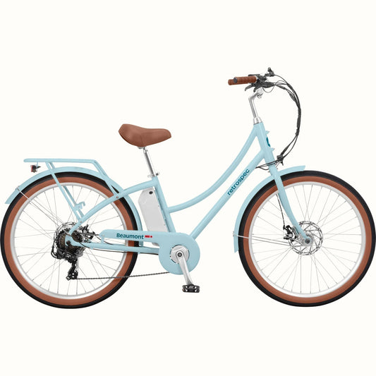Retrospec Beaumont Rev 3 electric bike in Larimar blue color, side view, displayed on a white background.