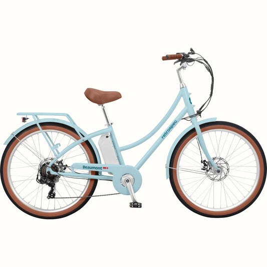 Retrospec Beaumont Rev 3 eBike in Larimar color, side view, showing step-through frame, rear rack, and front basket.