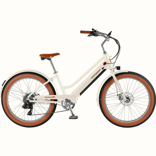 Retrospec Chatham Rev Plus 2 eBike in eggshell color, step-through frame, side view, against a plain background