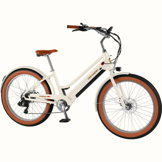 Retrospec Chatham Rev Plus 2 eBike in eggshell color, step-through frame, side view