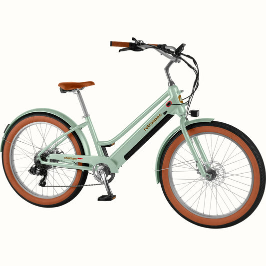 Retrospec Chatham Rev Plus 2 eBike in Matcha color, step-through frame, side view
