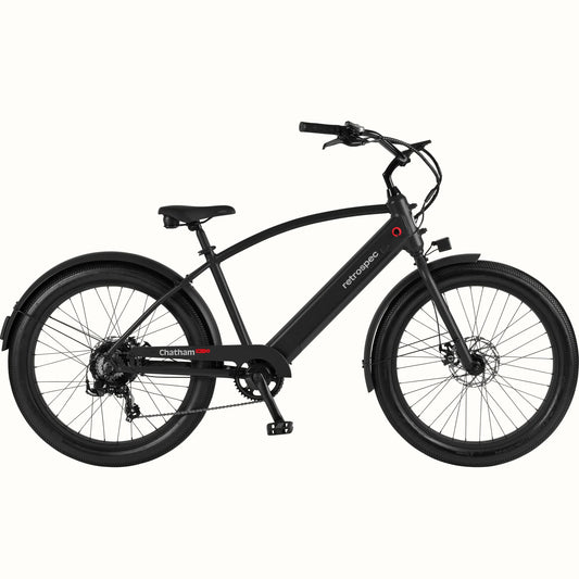 Matte black Retrospec Chatham Rev Plus 2 eBike, step-over frame, side view on white background