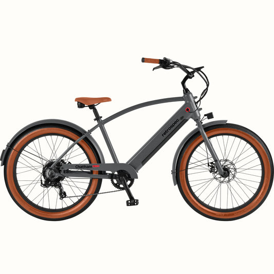 Matte graphite Retrospec Chatham Rev Plus 2 eBike, step-over frame, side view, against white background