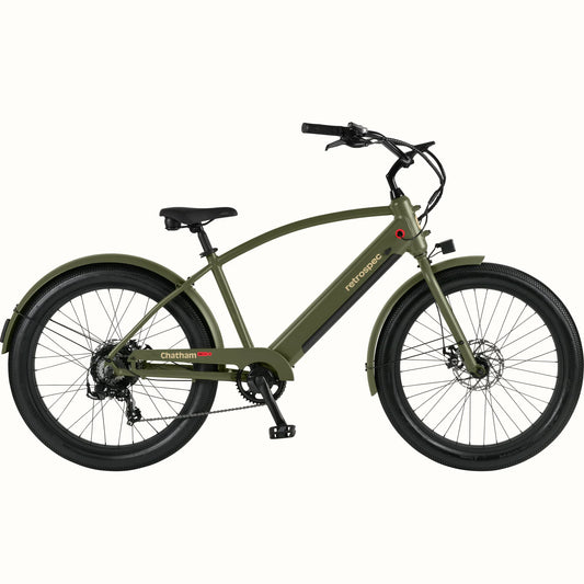 Matte olive drab Retrospec Chatham Rev Plus 2 eBike, step-over frame, side view on white background