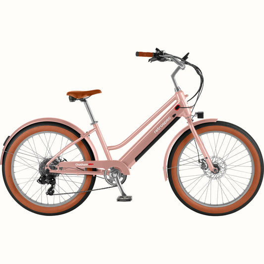 Retrospec Chatham Rev Plus 2 eBike in mauve, step-through frame, side view, against a white background