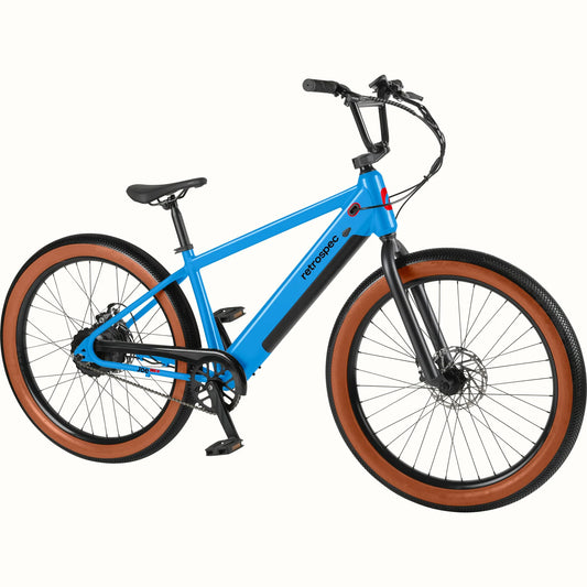 Electric blue Retrospec Joe Rev 2 BMX eBike side view against white background
