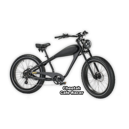 Black eBike Revi Cheetah Cafe Racer in box, product image, side view