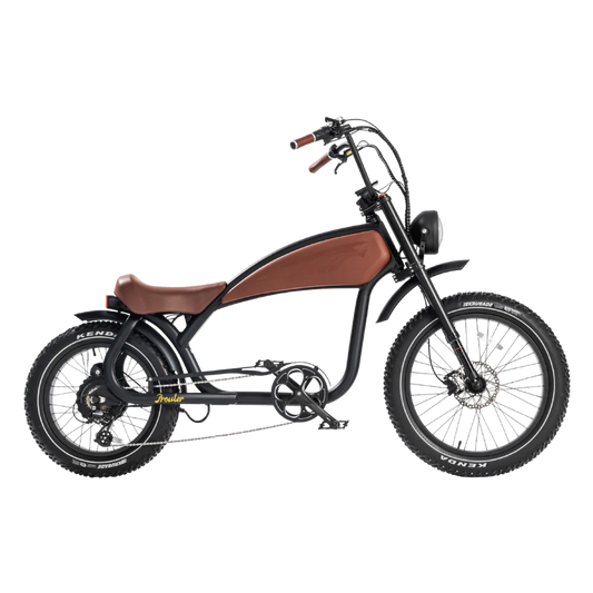 Brown eBike Revi Prowler electric bicycle side view with black tires and saddle, displayed on a white background.