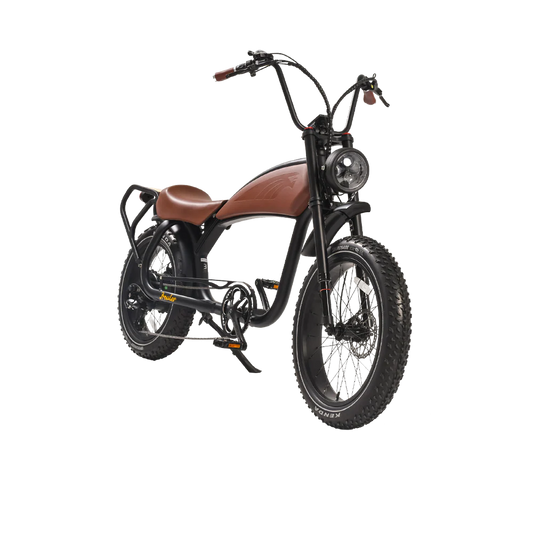 Brown eBike Revi Prowler electric bicycle side view with black tires and saddle, displayed on a white background.