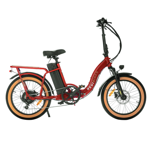 Red eBike Revi Rebel.2 electric bicycle side view with black tires and battery pack