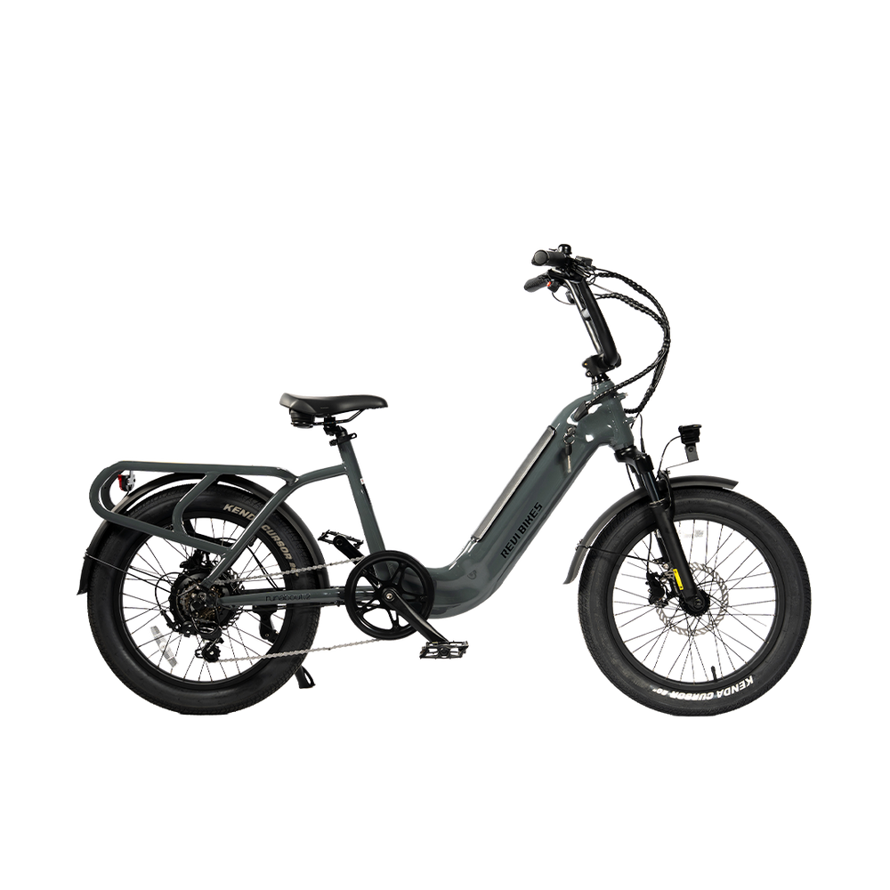 Antracit gray eBike Revi Runabout.2 electric bicycle, side view, against a white background