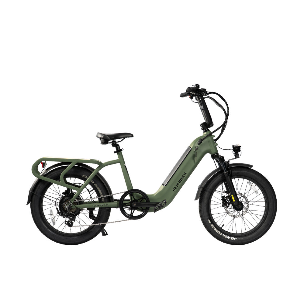 Wild Green eBike Revi Runabout.2 electric bicycle side view with black tires and sleek frame design