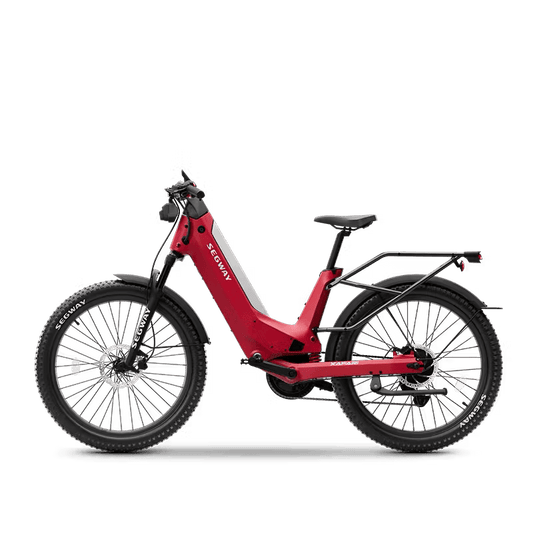 Red Segway Xafari eBike side view, showcasing its sleek frame, thick tires, and modern design against a plain background.