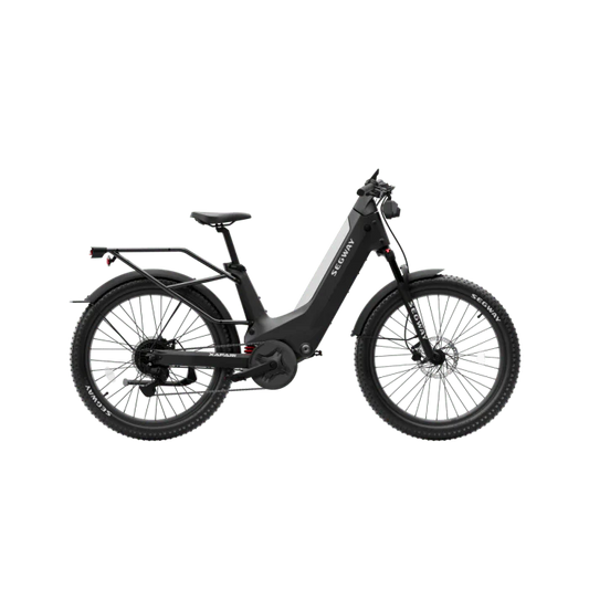 Silver Segway Xafari eBike side view, showcasing its sleek frame, wide tires, and integrated battery on a white background.