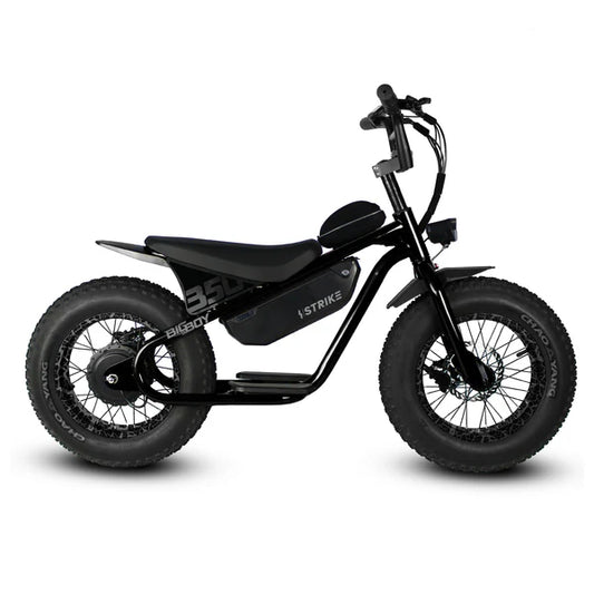 Black electric bicycle with a rugged frame, labeled "Strike Big Boy," featuring a black crackle finish, thick tires, and a sturdy rear rack.