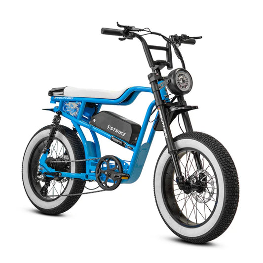 Blue eBike Strike Panthro with wedge-shaped frame, side view, on white background