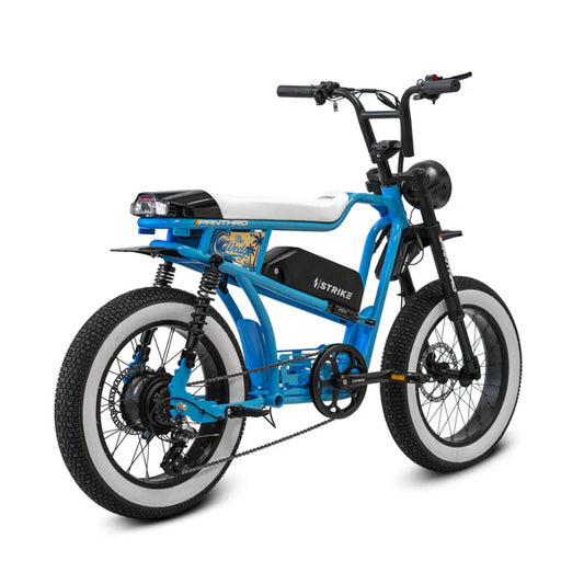 Blue eBike Strike Panthro with wedge-shaped frame, side view, against white background
