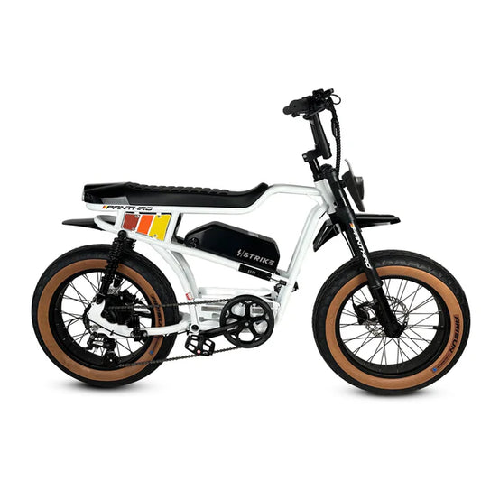 White eBike Strike Panthro electric bicycle, side view, on a plain background
